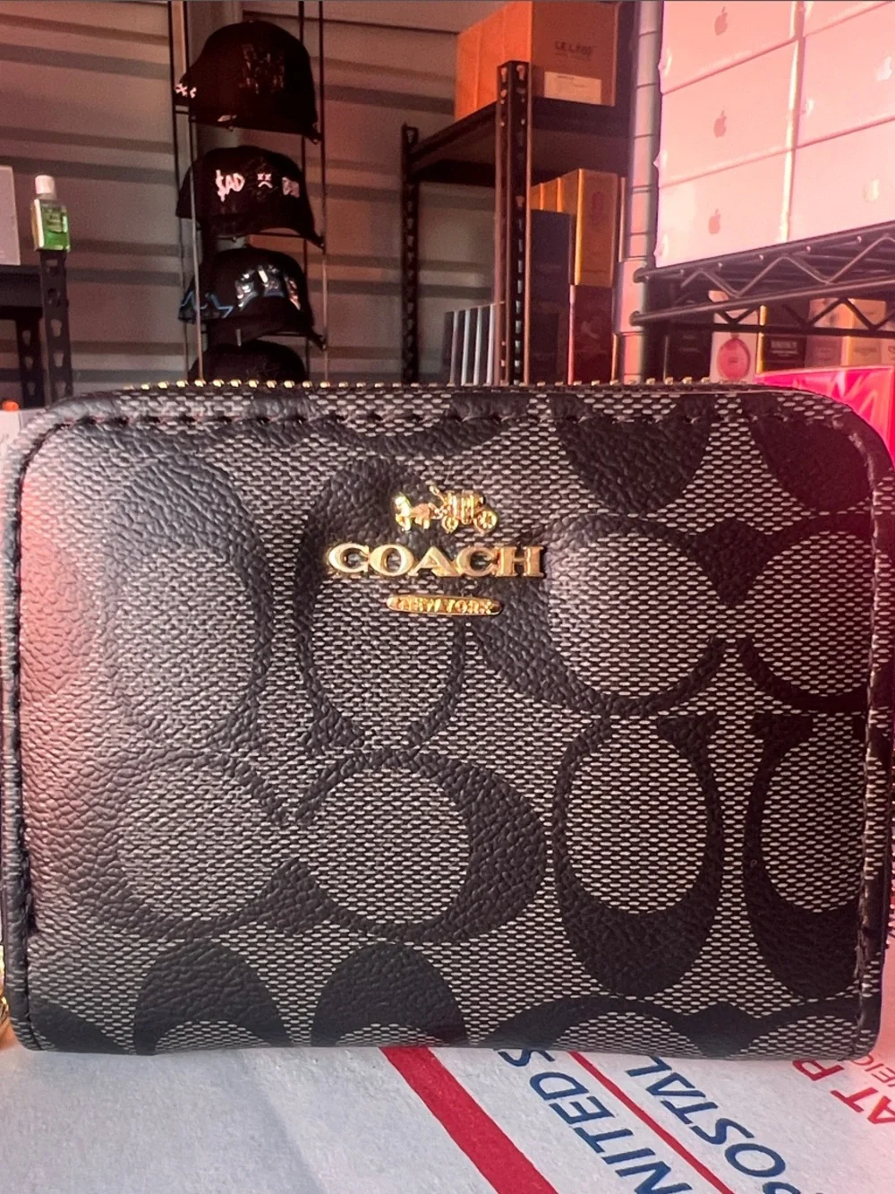 COACH Black Signature Zip Card Holder with Gold Logo